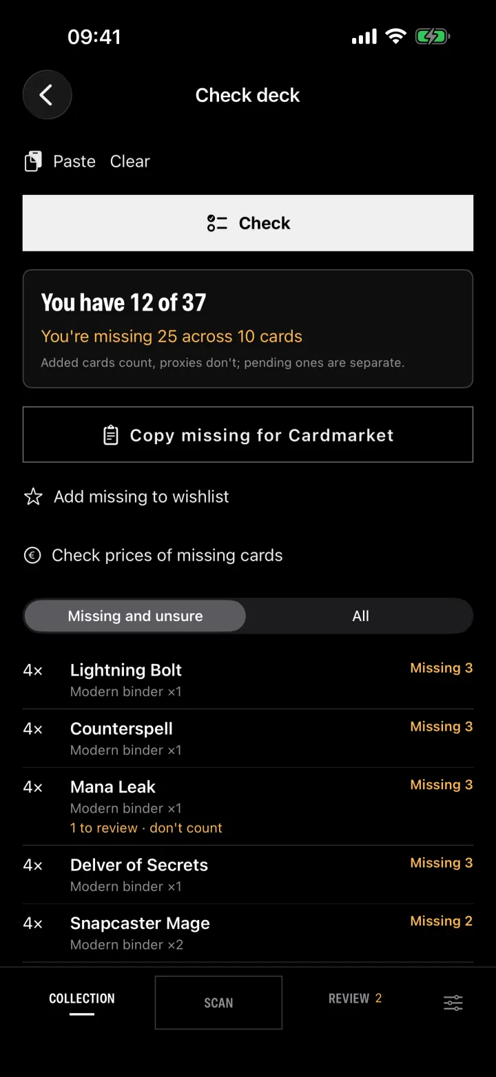 Check deck: you have 12 of 37 cards and are missing 25 across 10 cards.