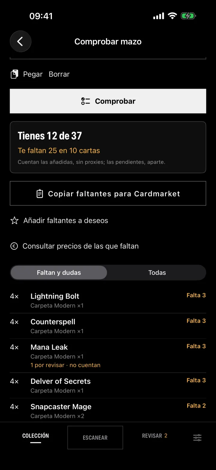 Comprobar mazo: tienes 12 de 37 cartas y te faltan 25 en 10 cartas distintas.