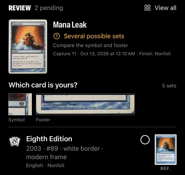 TCGSpire Review screen: a Mana Leak marked “Several possible sets”, crops of its symbol and footer, and Eighth Edition as the first candidate with its reference image.