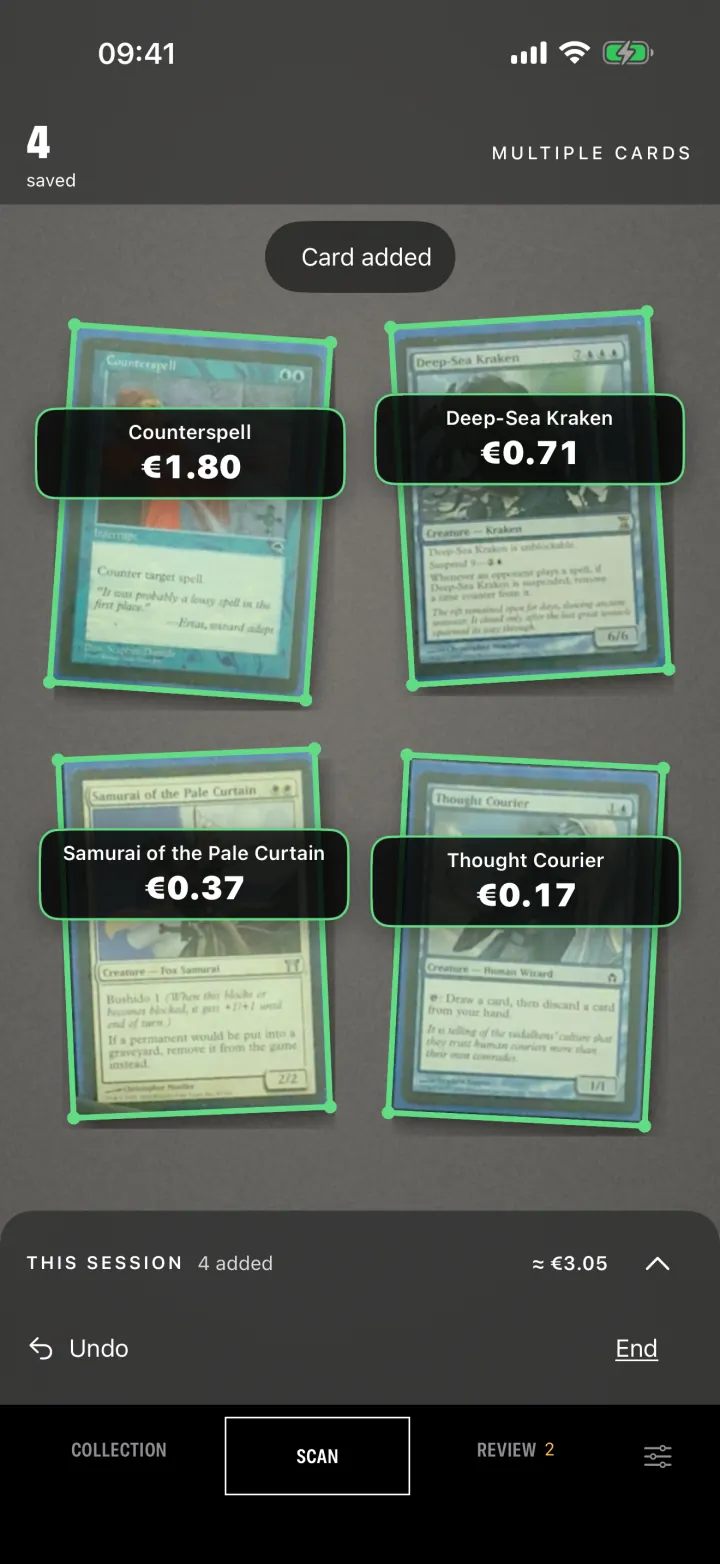 The scanner in Multiple cards mode, with four recognized cards and the price of each.