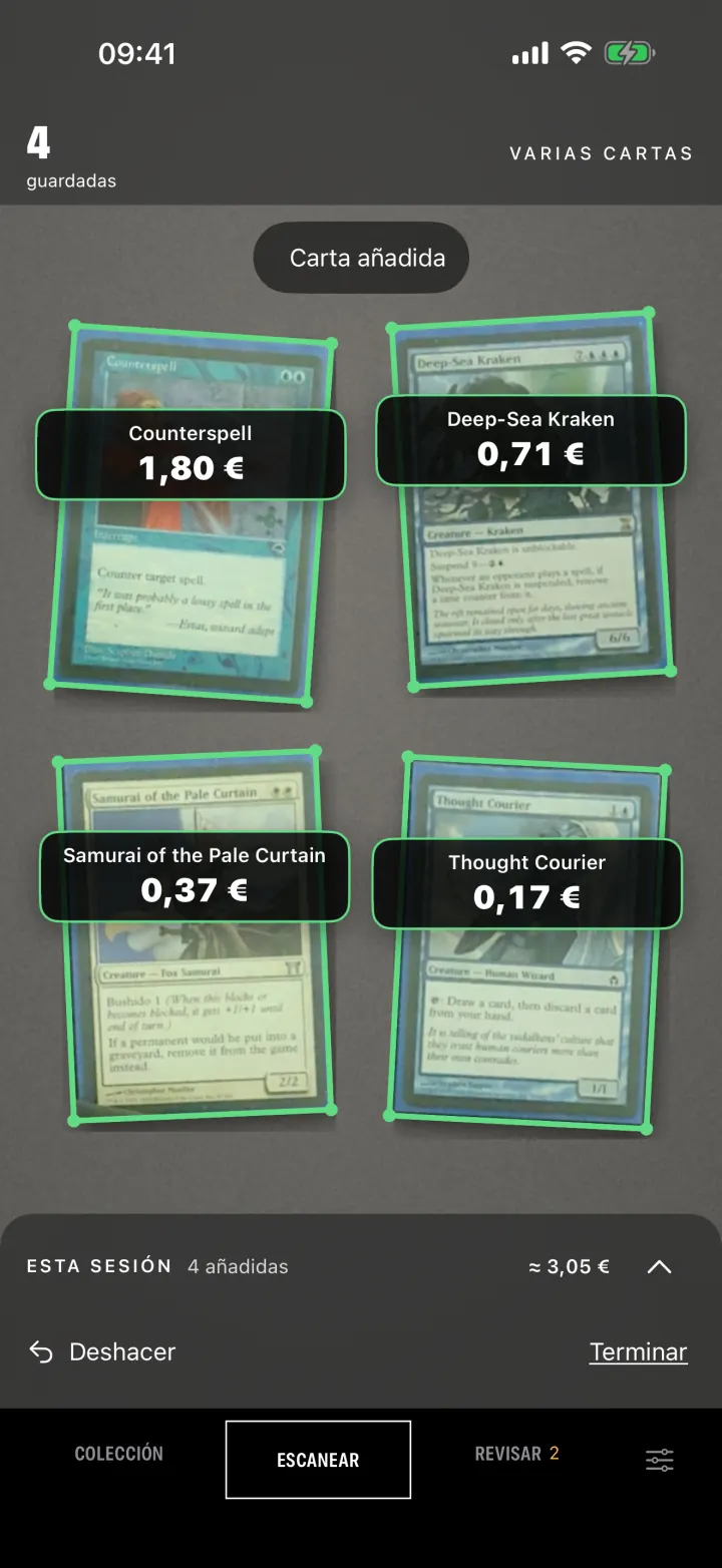 Escáner en modo Varias cartas, con cuatro cartas reconocidas y el precio de cada una.